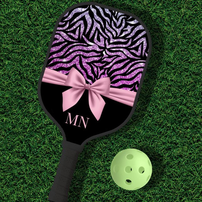 Raquette De Pickleball Ombre Parties scintillant Zebra rose Bow Monogramm (Créateur téléchargé)