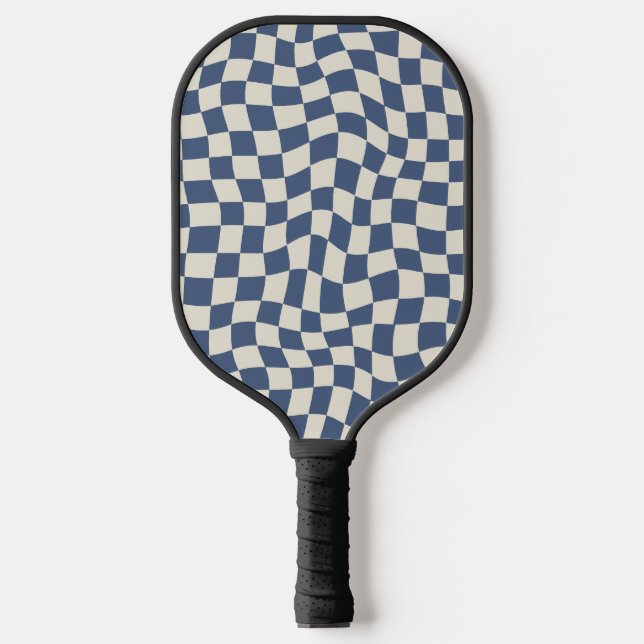 Raquette De Pickleball Option Monogramme Retro Cool Blue Wavy Check (Recto)