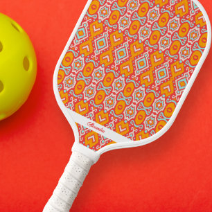 Raquette De Pickleball Orange Bleu Boho Ikat Motif Texte personnalisé