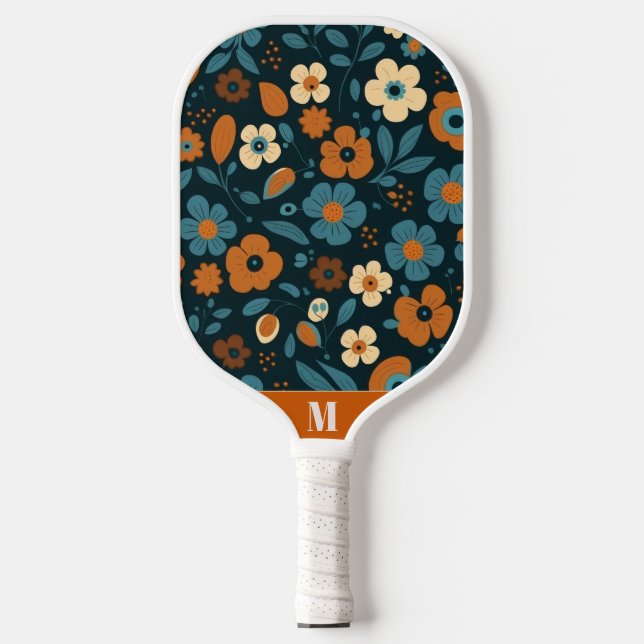 Raquette De Pickleball Orange brûlé et Floral bleu Monogramme moderne (Recto)