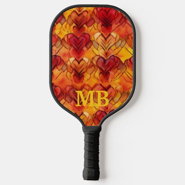 Raquette De Pickleball Orange Jaune Tie Dye Cœurs Monogramme (Verso)