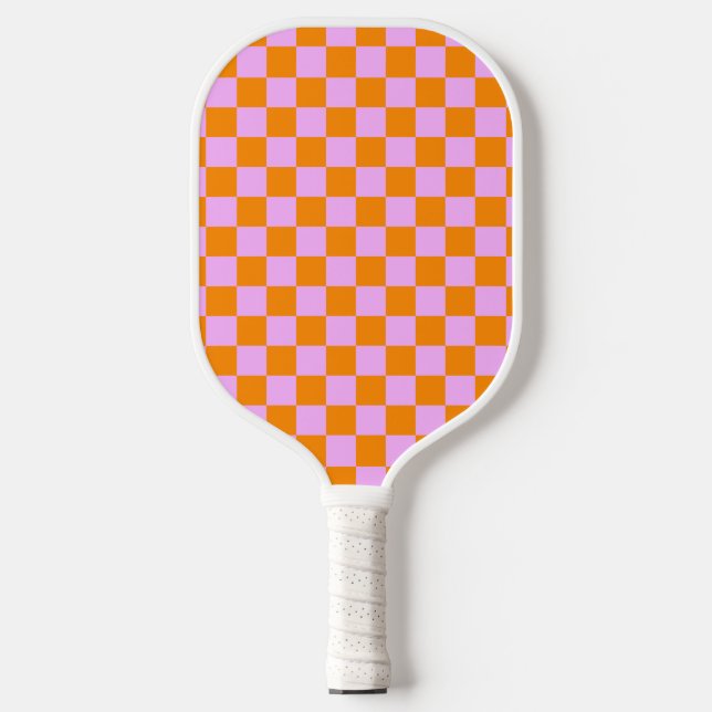 Raquette De Pickleball Orange + Pink Check À damiers Motif de tableau de  (Recto)