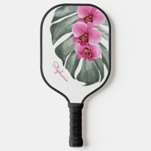 Raquette De Pickleball Orchidées roses chaudes sur la feuille de Monstera