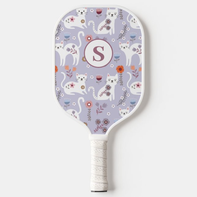 Raquette De Pickleball Pagaie de Pickleball de Monogramme Floral Cute Cat (Recto)