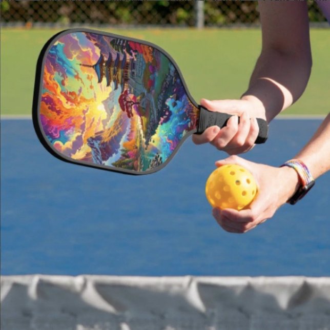 Raquette De Pickleball Pagode et paysage coloré  (Vibrant Pagoda  Fantasy Landscape pickleball paddle hand wrapped grip honeycomb core. 8 oz weight. 
)