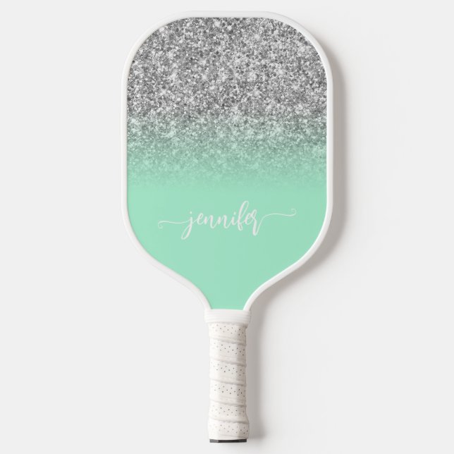 Raquette De Pickleball Pailleté Argent Vert Menthe Ombré Moderne Script (Recto)