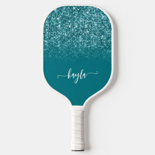 Raquette De Pickleball Pailleté Ombré Moderne Script Turquoise (Recto)