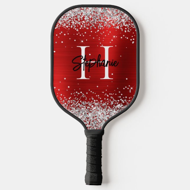 Raquette De Pickleball Paillettes Argentées Monogramme en Papier d'Alumin (Verso)