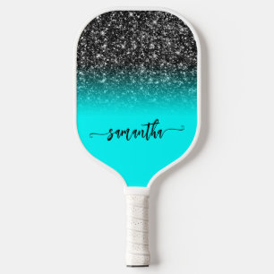 Raquette De Pickleball Paillettes Noires Vernis Aqua Ombré Moderne Script