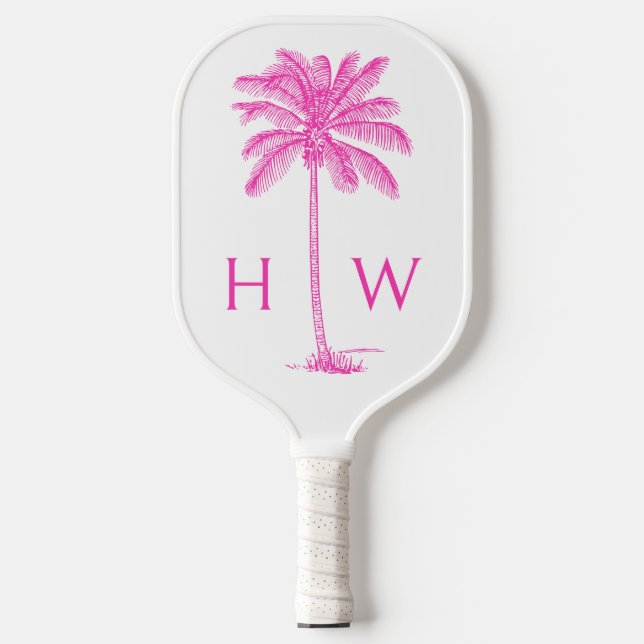 Raquette De Pickleball Palmier rose et blanc Palmier Monogramme (Recto)