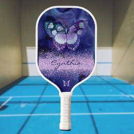 Raquette De Pickleball Papillon bleu violet et Parties scintillant Nom du
