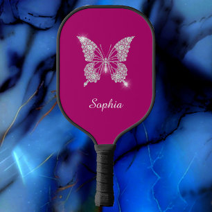 Raquette De Pickleball Papillon Diamant Blanc, Nom du script, Fuchsia pro