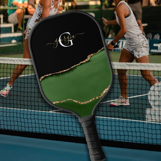 Raquette De Pickleball Parties scintillant d'or et Monogramme d'âge vert (Créateur téléchargé)