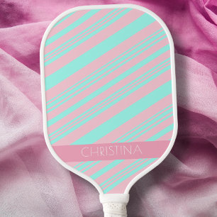 Raquette De Pickleball Pastel Baby Blue and Soft Pink Stripes Nom personn