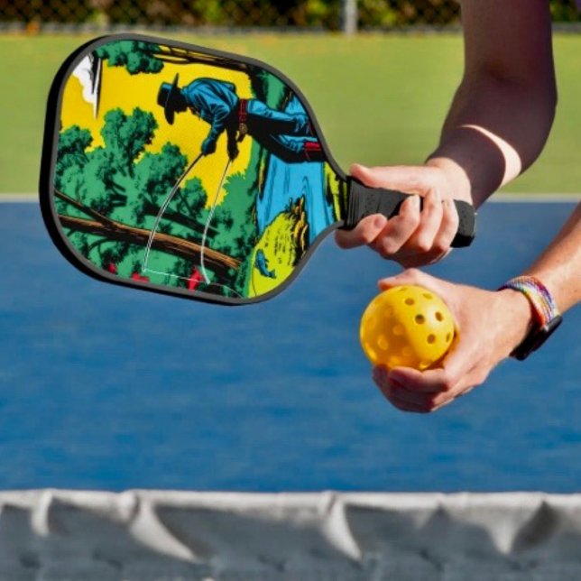 Raquette De Pickleball Pêcheur sur la rive  (Retro Cowboy Fishing Riverside Scene pickleball paddle hand wrapped grip honeycomb core. 8 oz weight)