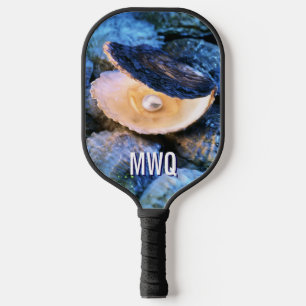 Raquette De Pickleball Perle Bleue Élégante Monogramme Huître