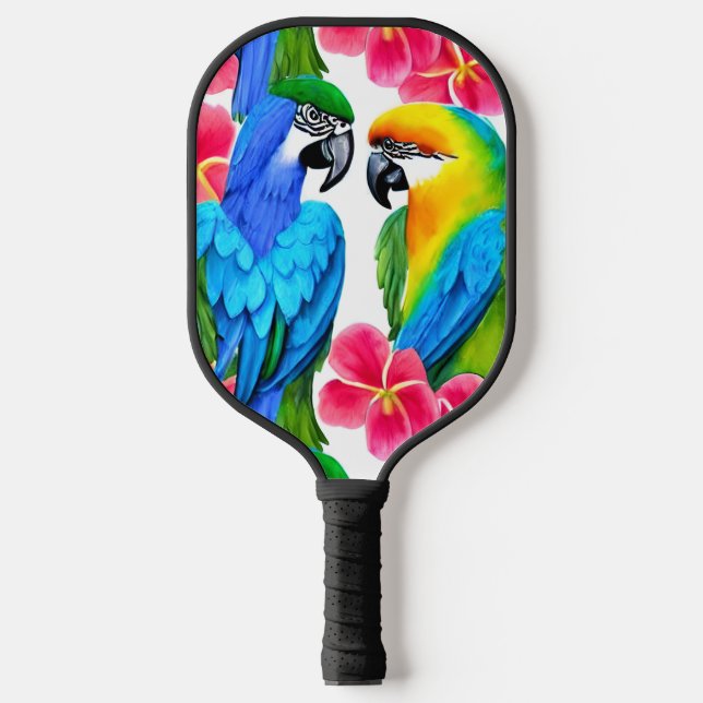 Raquette De Pickleball Perroquets colorés aux fleurs tropicales (Recto)