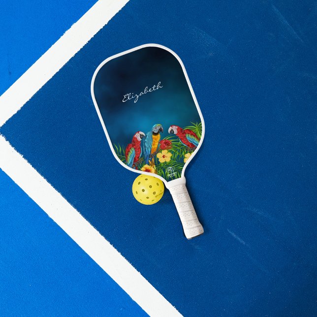 Raquette De Pickleball Perroquets oiseaux rouge bleu jaune motif nom scri (Créateur téléchargé)