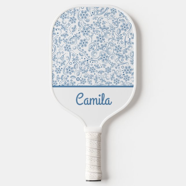Raquette De Pickleball Personalized Blue Floral Pattern Custom Name  (Recto)