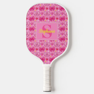 Raquette De Pickleball Personalized Cute Pink Bows and Hearts Monogram