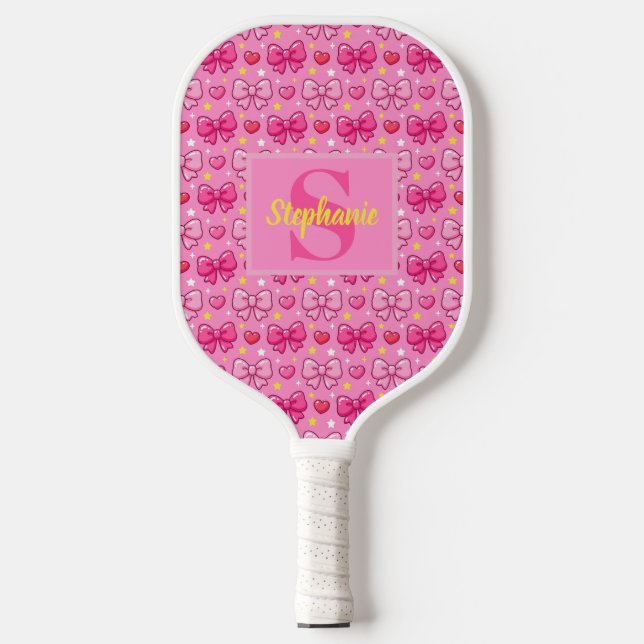 Raquette De Pickleball Personalized Cute Pink Bows and Hearts Monogram (Recto)