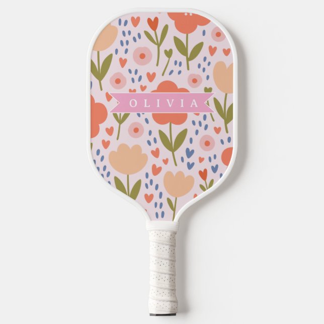 Raquette De Pickleball Personalized pink nordic cute folk floral pattern (Recto)