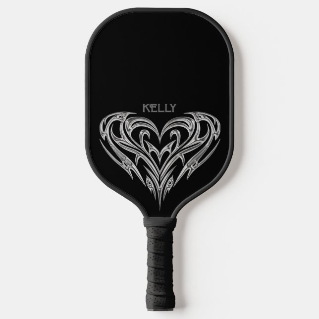 Raquette De Pickleball Personnalisé Chrome Tribal Heart sur Noir (Recto)