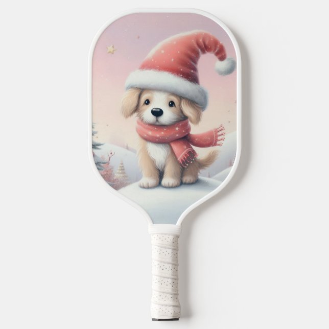 Raquette De Pickleball Petit chiot de Noël en chapeau santa (Recto)