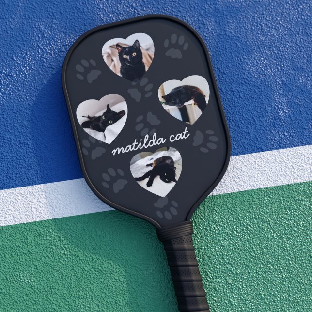 Raquette De Pickleball Photo de chat personnalisée Coeur Pickleball noir  (Upload 4 photos of your best friend to this pickleball paddle and play ball)