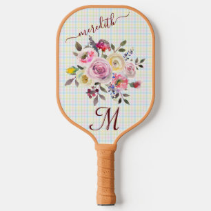 Raquette De Pickleball Pickleball Gal : Fleurs Plaid Monogramme Nom