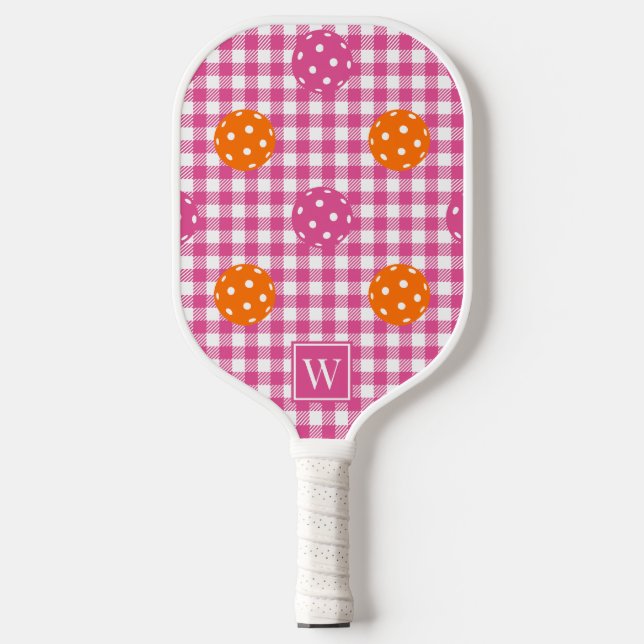 Raquette De Pickleball Pickleball Préparé Gingham Rose Orange Monogramme (Recto)