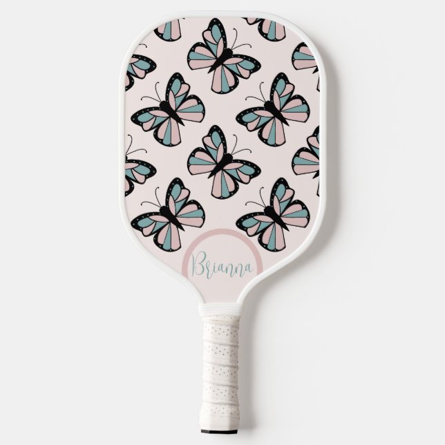 Raquette De Pickleball Pink and Turquoise Butterfly Pattern  (Verso)