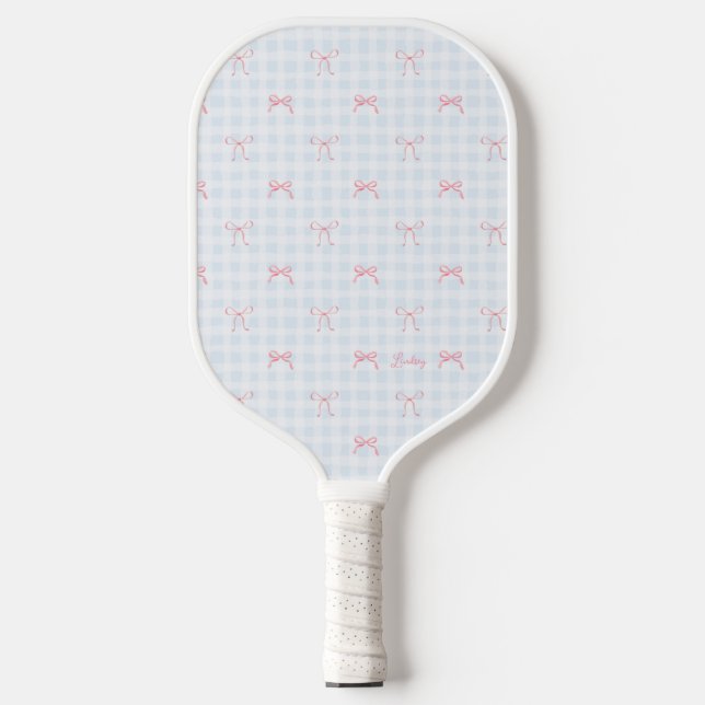 Raquette De Pickleball Pink Bow Blue En vichy Nom personnalisé (Recto)