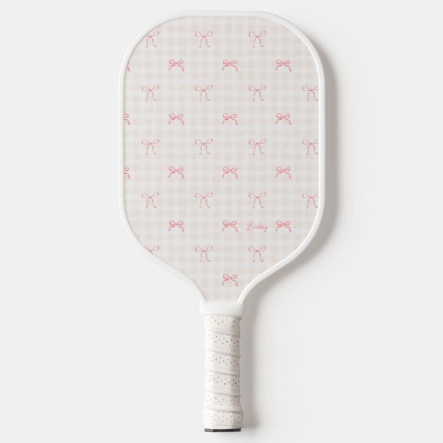 Raquette De Pickleball Pink Bow En vichy Nom personnalisé (Recto)