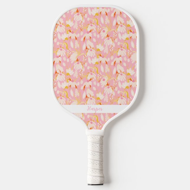 Raquette De Pickleball Pink Daisy Floral Pattern Personalized Name Cute (Recto)