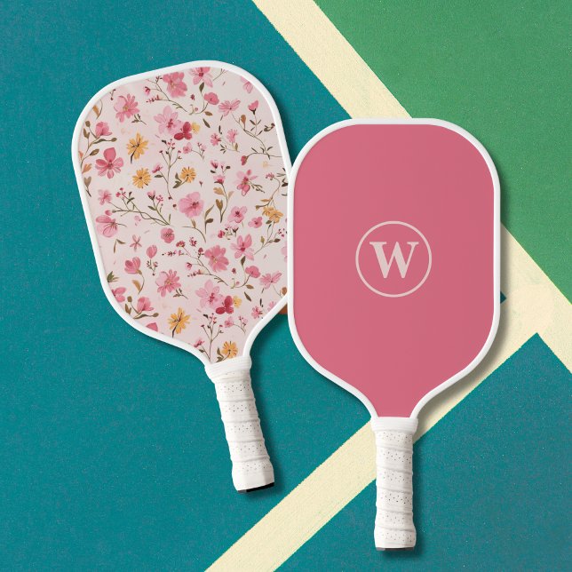 Raquette De Pickleball Pink Floral Monogram  (Créateur téléchargé)