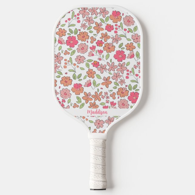 Raquette De Pickleball Pink Floral Pattern Personalized Name Cute (Recto)