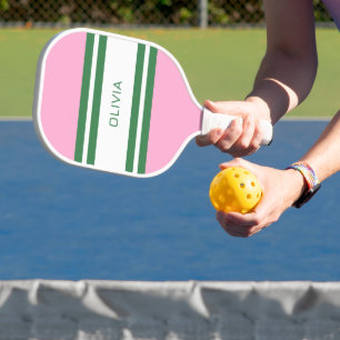 Raquette De Pickleball Pink & Green Striped cadeau rétro personnalisé