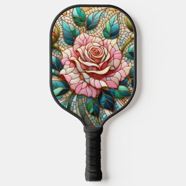 Raquette De Pickleball Pink Roses Stained Glass Mosaic (Recto)