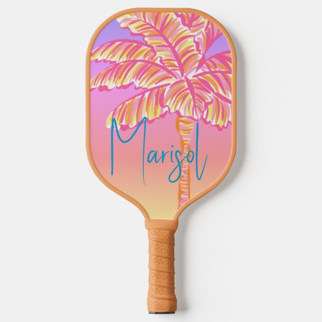 Raquette De Pickleball Pink Tropical Sunset Palm Tree Personnalisé (Recto)