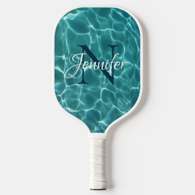 Raquette De Pickleball Piscine sarcelle aqua avec monogramme (Recto)