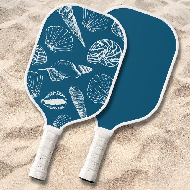 Raquette De Pickleball Plage nautique Sea Shell (Blue & white nautical sea shell  pickleball paddle. Perfect for beach house vacation house.)