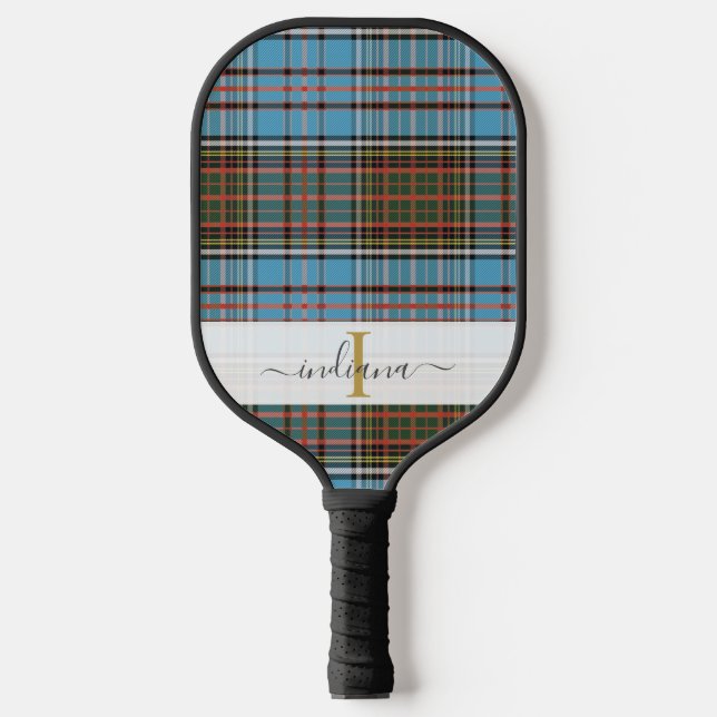 Raquette De Pickleball Plaid Classique Monogramme Script Tartan Violet (Recto)