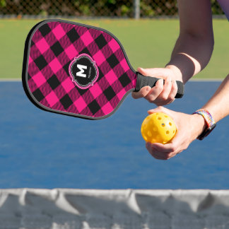 Raquette De Pickleball Plaid noir rose Monogramme Nom