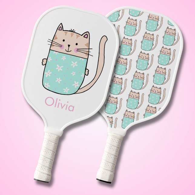 Raquette De Pickleball Plaisir chat (Cute illustrated floral cat pickleball paddle. Pattern to reverse. Large cat motif & name to front,)