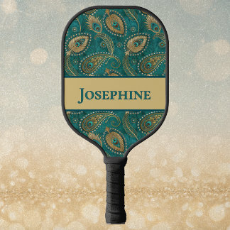 Raquette De Pickleball Plume de paon Paisley Sarcelle Or Nom Vintage