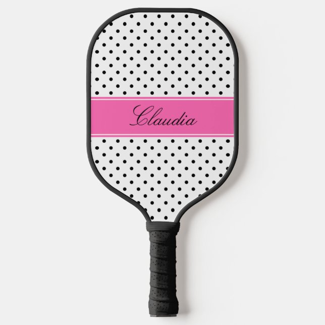 Raquette De Pickleball Pois noirs et blancs avec rose chaud (Recto)