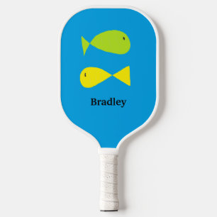 Raquette De Pickleball Poissons verts et jaunes mignons sur le bleu