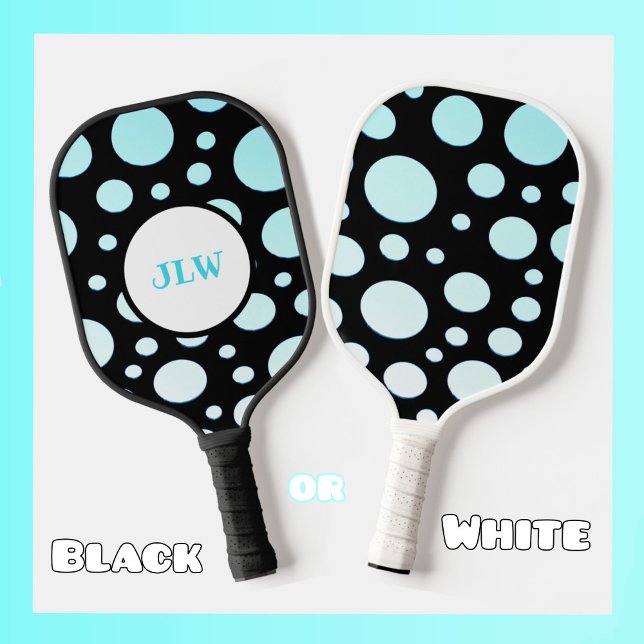 Raquette De Pickleball Polka-point bleu rétro moderne sur noir (Créateur téléchargé)