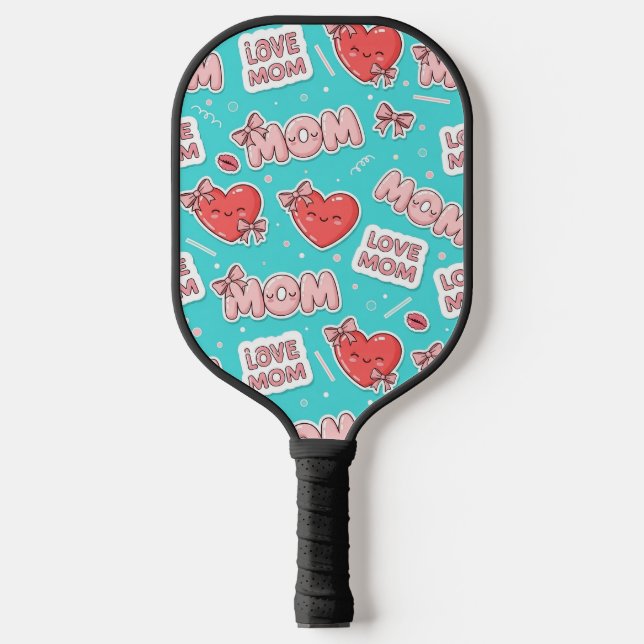 Raquette De Pickleball Pop Art MOM Love Pattern in Turquoise (1) (Recto)